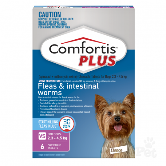 Comfortis Plus  Chewable Flea  & Worm Treatment for Very Small Dogs 2.3-4.5kg (Pink / 3 chewables )